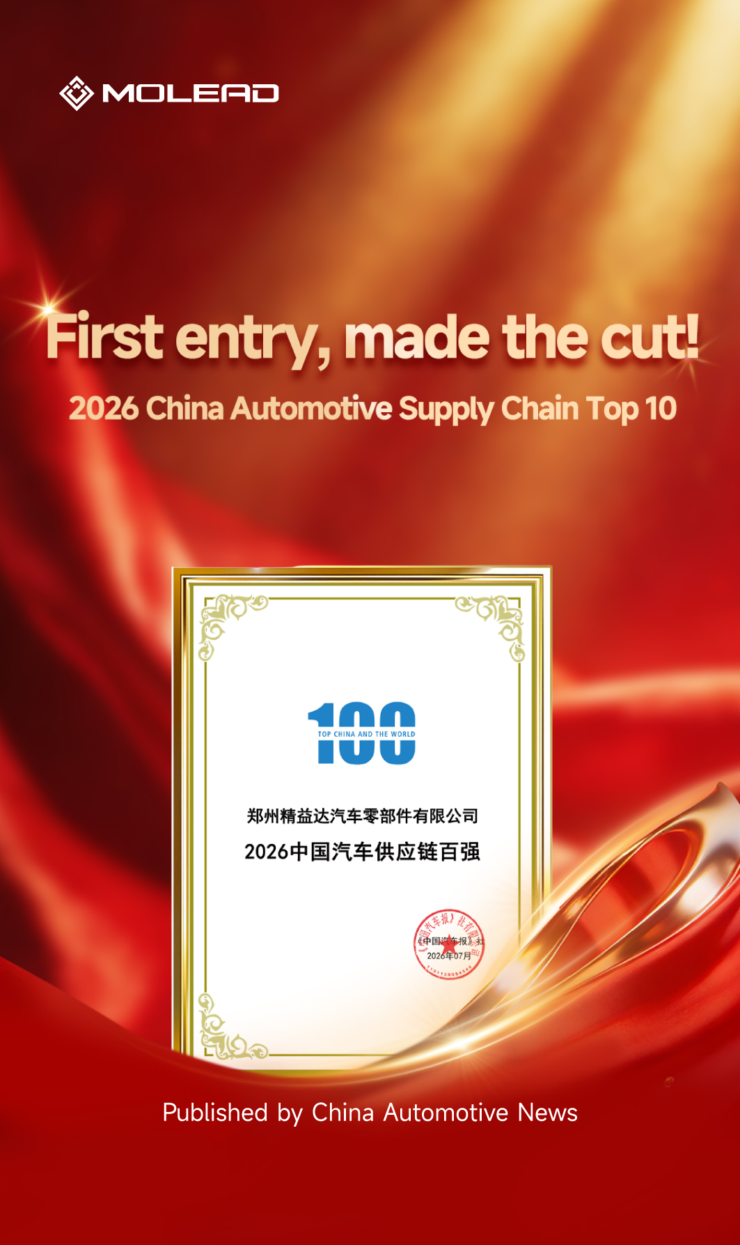Molead Ranks on the 2026 China Top 100 Automotive Supply Chain Companies List Molead Ranks on the 2026 China Top 100 Automotive Supply Chain Companies List